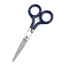 Load image into Gallery viewer, A small stainless steel scissors with navy blue handles.
