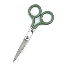 Load image into Gallery viewer, A small stainless steel scissors with muted green handles.
